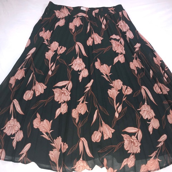 a new day Dresses & Skirts - A New Day Green Pink Floral Pleated Midi Skirt Elastic Waist L RN17730